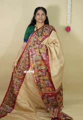 Chikoo with Maroon- Chitraleka - Semi tussar silk with kalamkari depiction border and pallu